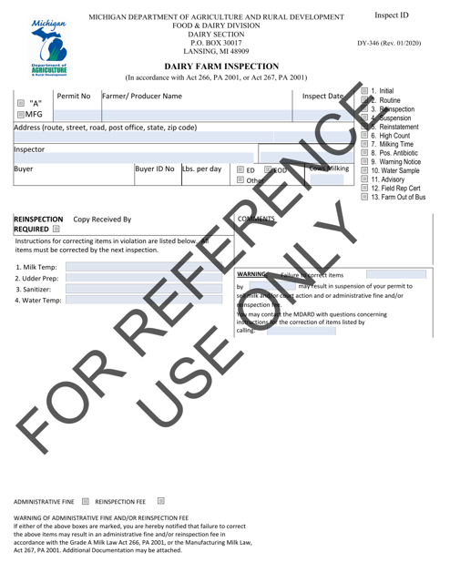 Form DY-346 Grade "a" Dairy Inspection Form - Michigan