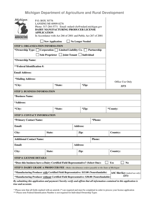 Dairy Manufacturing Producer License Application - Michigan Download Pdf