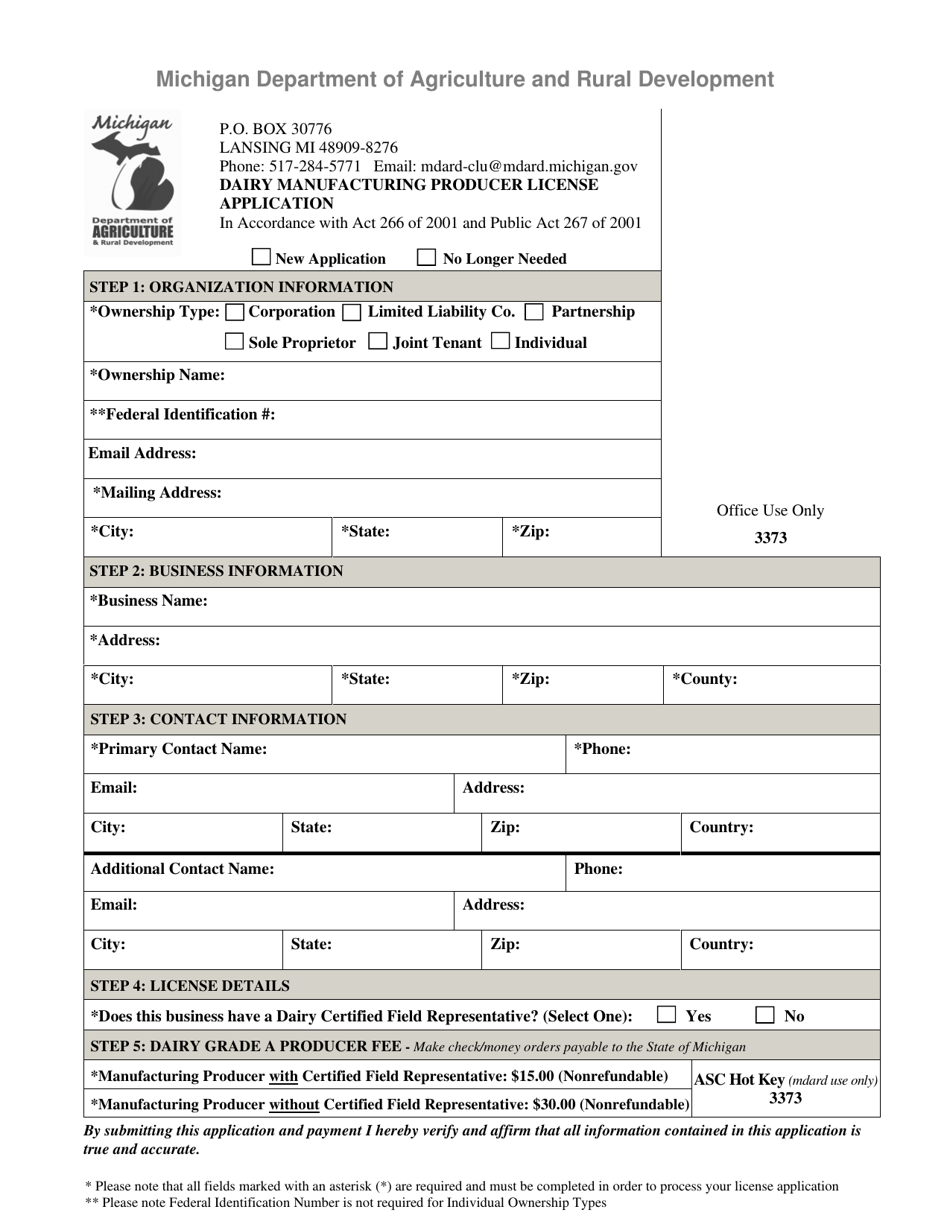 Dairy Manufacturing Producer License Application - Michigan, Page 1
