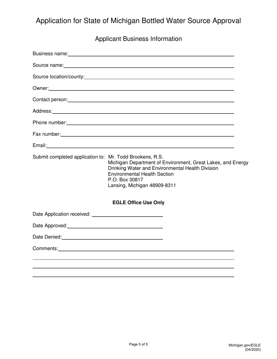 Application for State of Michigan Bottled Water Source Approval - Michigan, Page 5