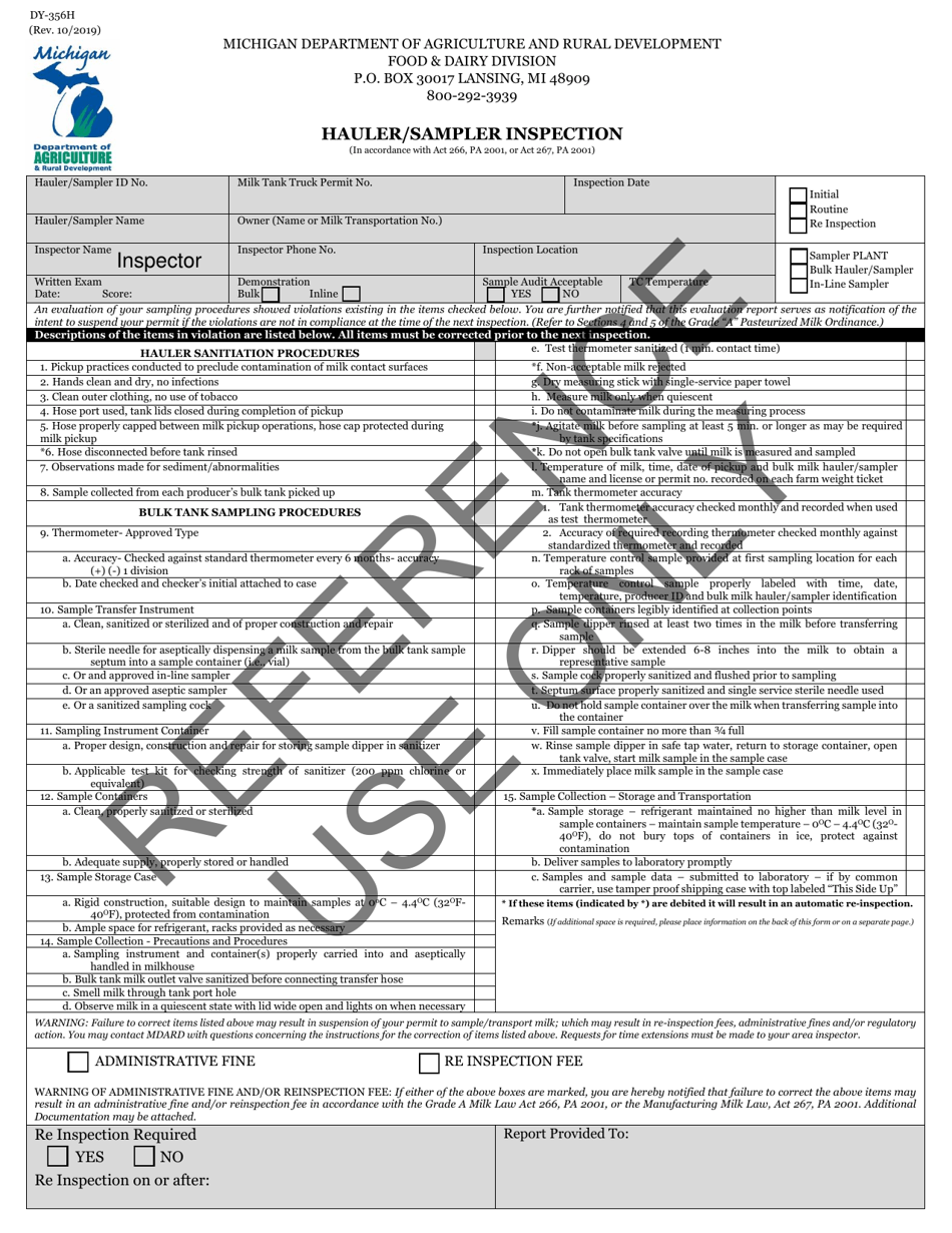 Form DY-356H Hauler / Sampler Inspection - Michigan, Page 1
