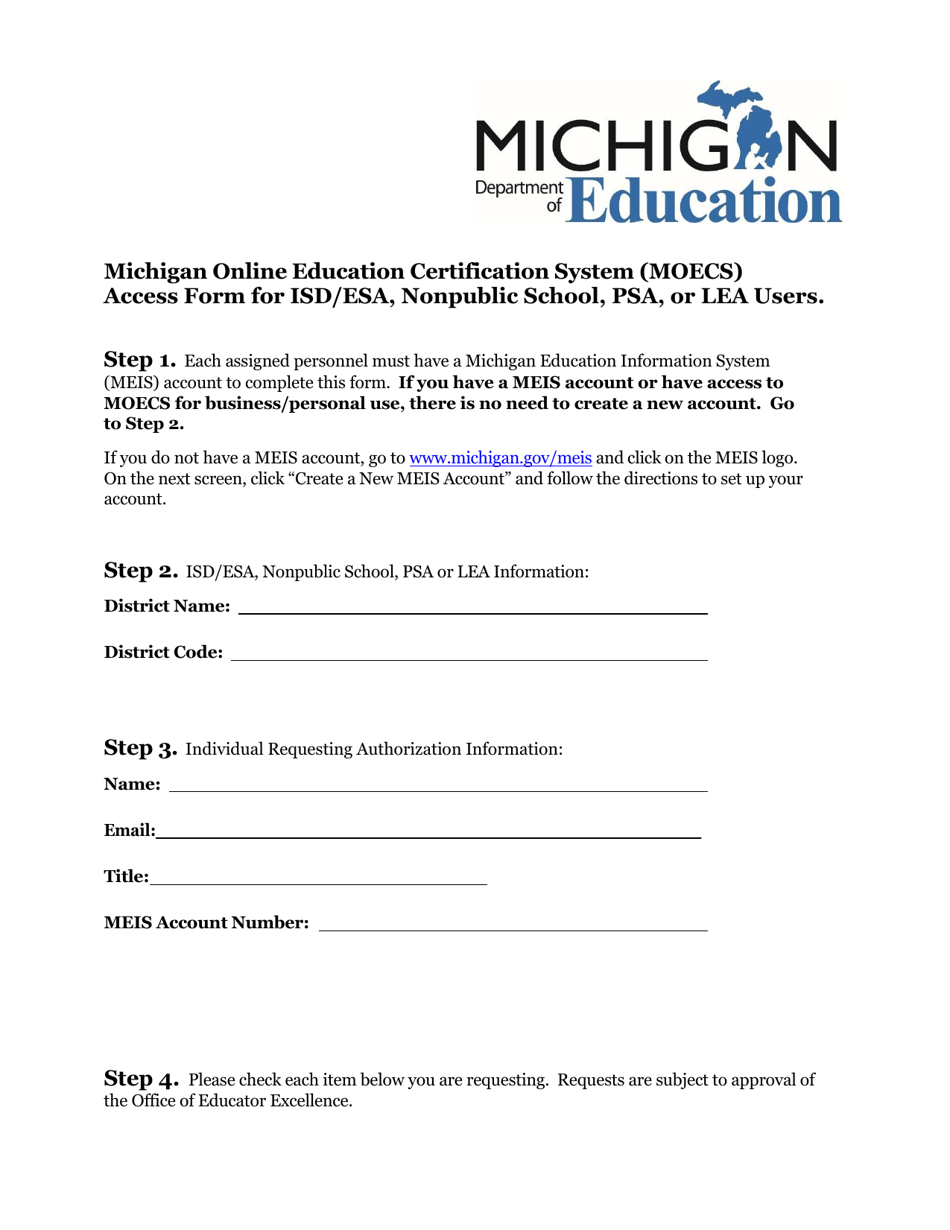 Michigan Online Education Certification System (Moecs) Access Form for Isd / Esa, Nonpublic School, Psa, or Lea Users - Michigan, Page 1