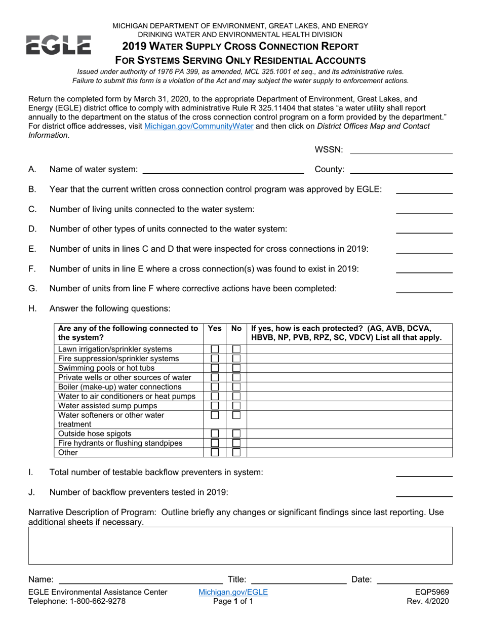 Form EQP5969 Water Supply Cross Connection Report for Systems Serving Only Residential Accounts - Michigan, Page 1