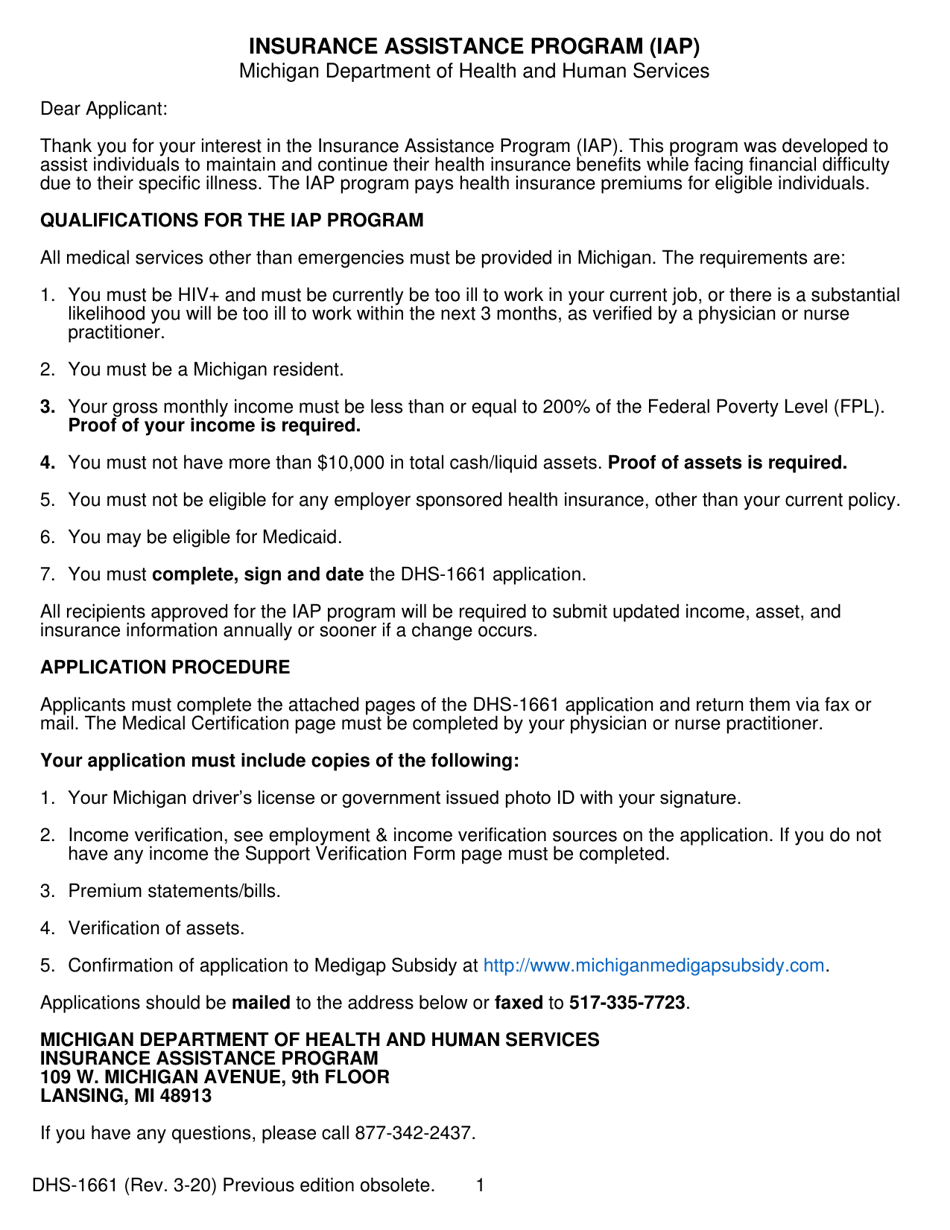 Form DHS-1661 Download Printable PDF or Fill Online Insurance Assistance  Program (Iap) Application Michigan | Templateroller