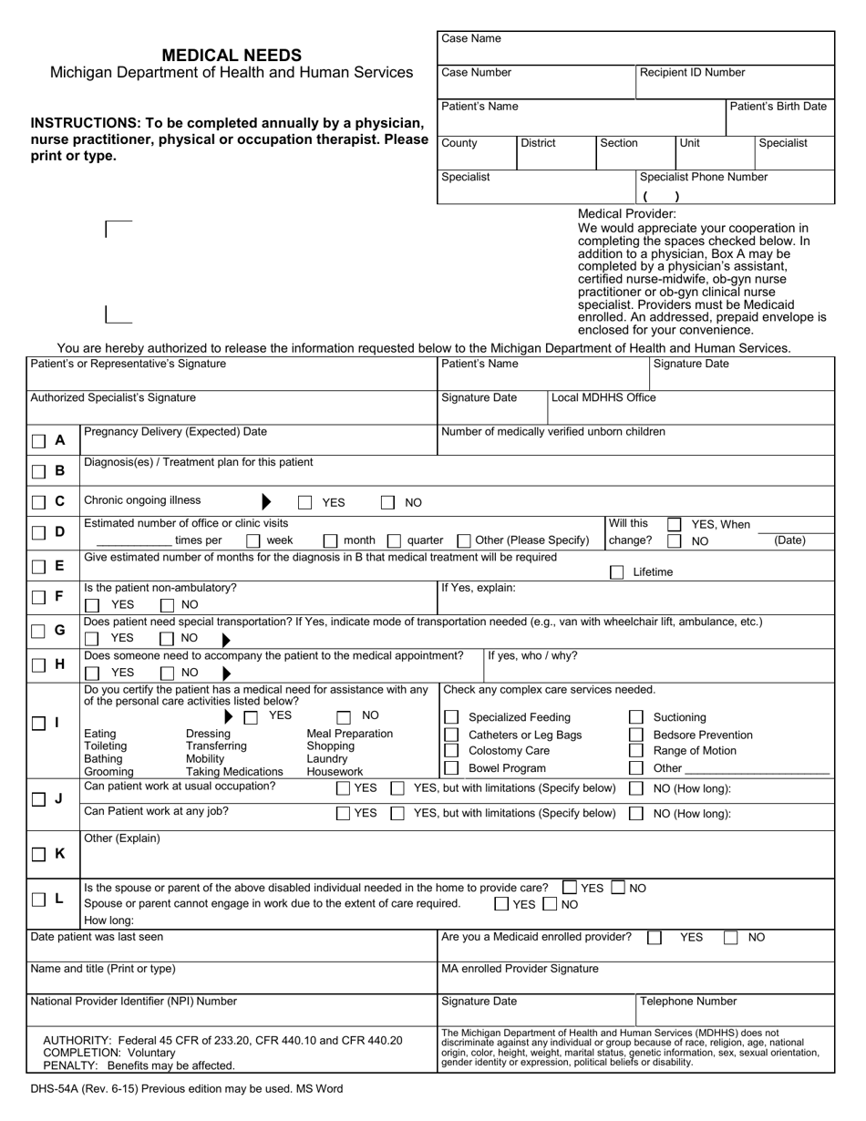 Form DHS-54A Medical Needs - Michigan, Page 1