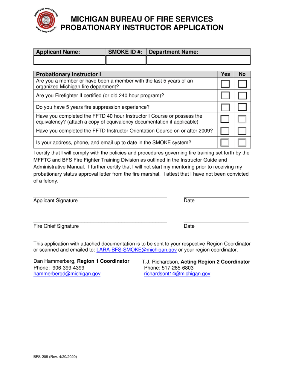 Form BFS-209 Probationary Instructor Application - Michigan, Page 1