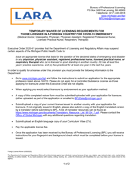 Document preview: Temporary Waiver of Licensing Requirement for Those Licensed in a Foreign Country for Covid-19 Emergency - Michigan