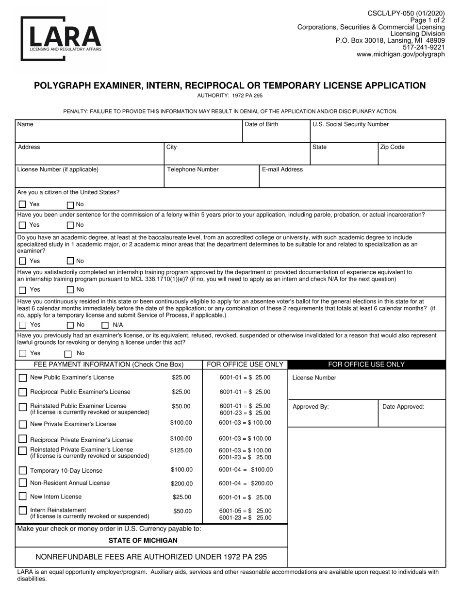 Form CSCL / LPY-050 Polygraph Examiner, Intern, Reciprocal or Temporary License Application - Michigan, Page 1