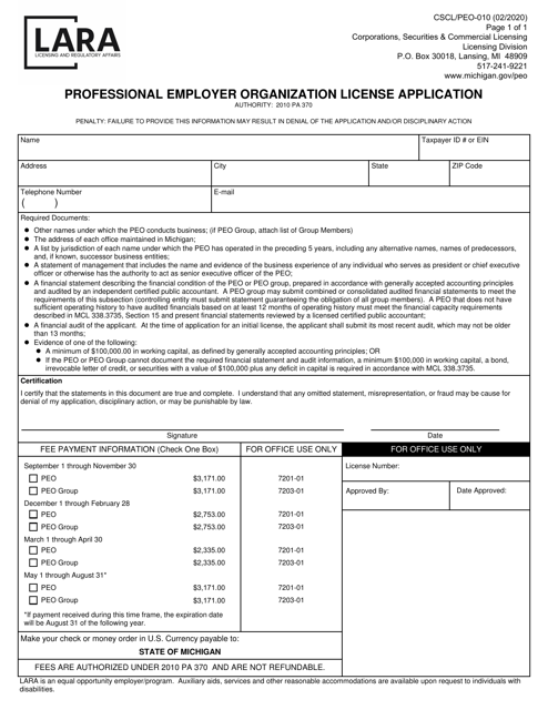 Form CSCL/PEO-010 Professional Employer Organization License Application - Michigan