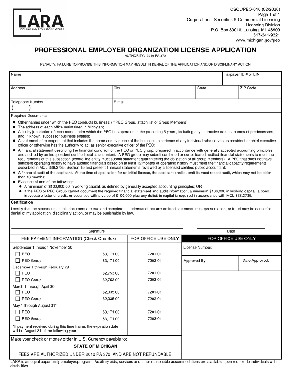 Form CSCL / PEO-010 Professional Employer Organization License Application - Michigan, Page 1