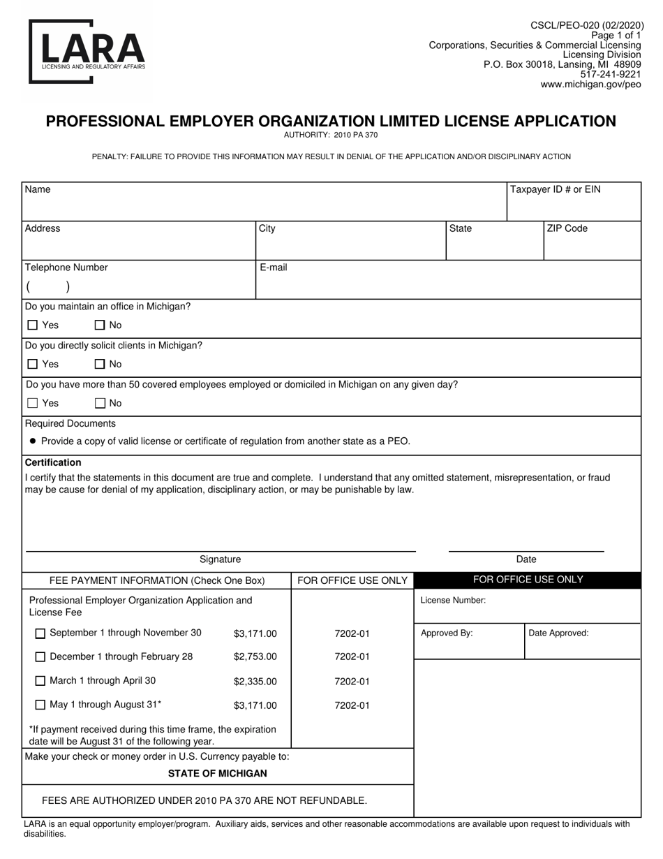 Form CSCL / PEO-020 Professional Employer Organization Limited License Application - Michigan, Page 1