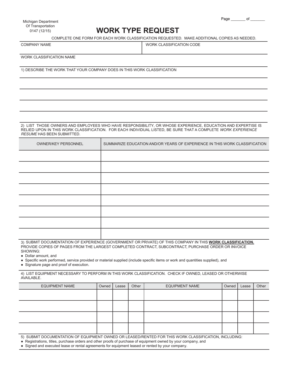 Form 0147 Work Type Request - Michigan, Page 1