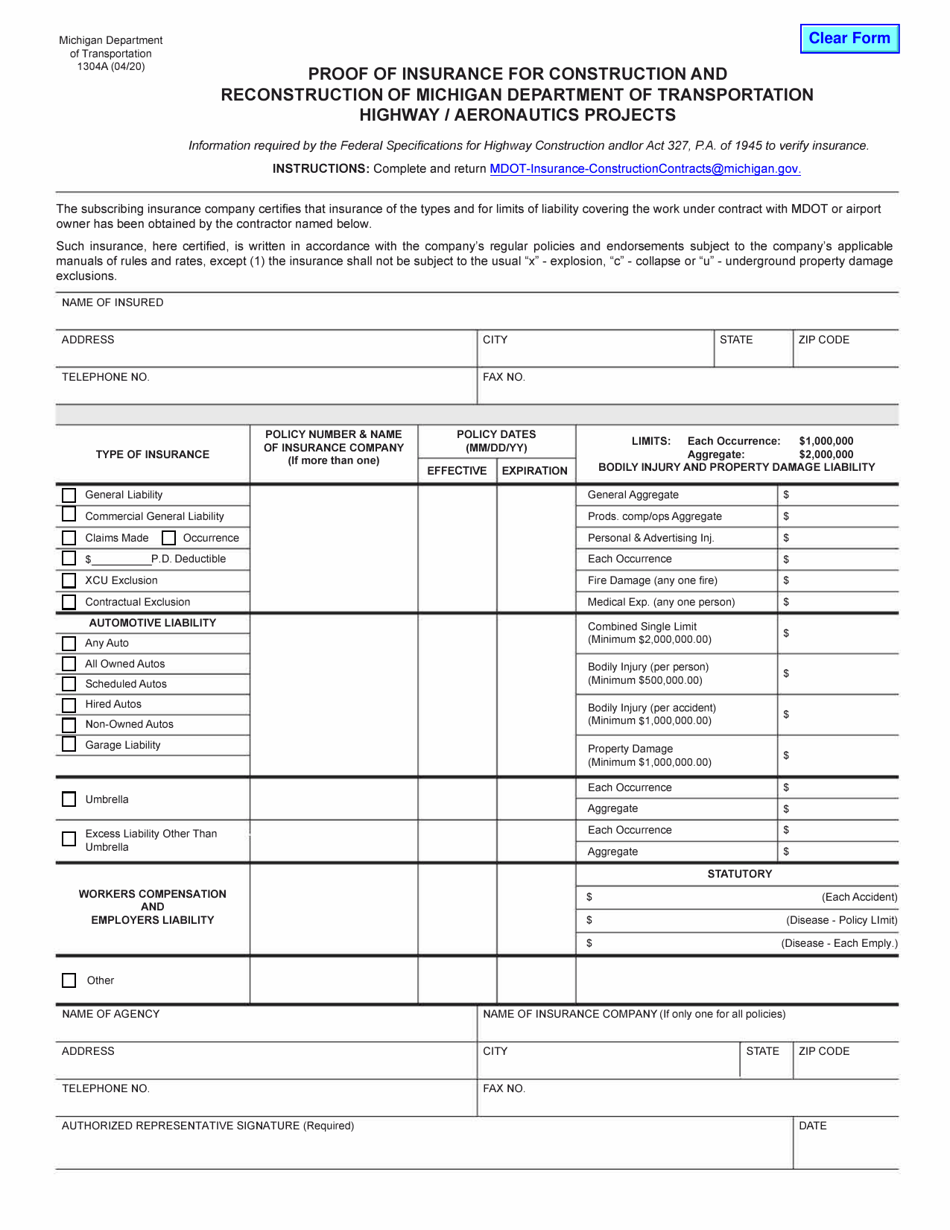 Form 1304A Proof of Insurance for Construction and Reconstruction of Michigan Department of Transportation Highway / Aeronautics Projects - Michigan, Page 1