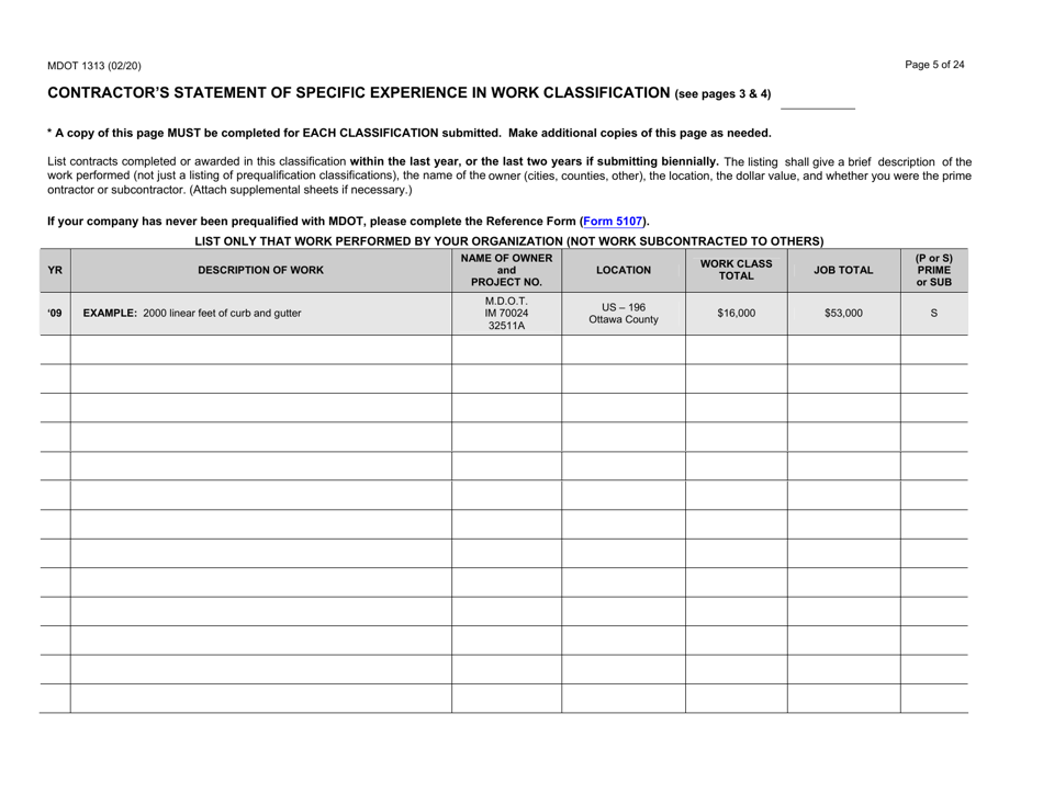 Form 1313 Construction Prequalification Application - Michigan, Page 5