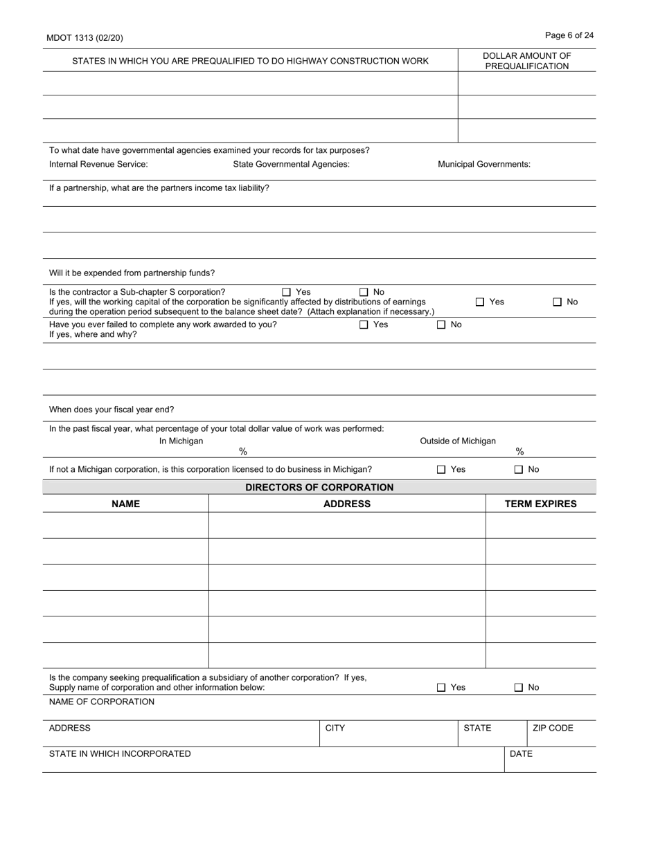 Form 1313 Construction Prequalification Application - Michigan, Page 6