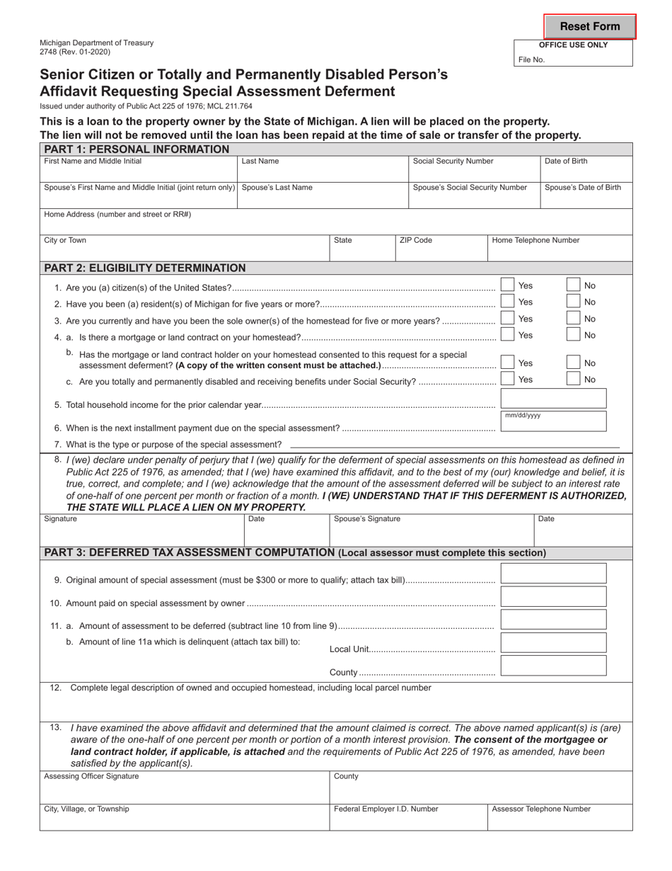 Form 2748 Senior Citizen or Totally and Permanently Disabled Persons Affidavit Requesting Special Assessment Deferment - Michigan, Page 1