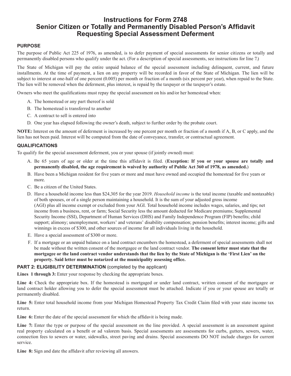 Form 2748 Senior Citizen or Totally and Permanently Disabled Persons Affidavit Requesting Special Assessment Deferment - Michigan, Page 2