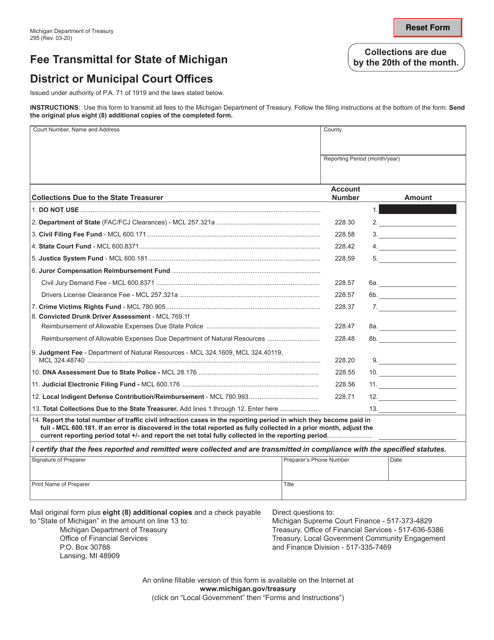 Form 295 Fee Transmittal for State of Michigan District or Municipal Court Offices - Michigan