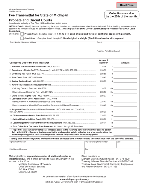 Form 57 Fee Transmittal for State of Michigan Probate and Circuit Courts - Michigan