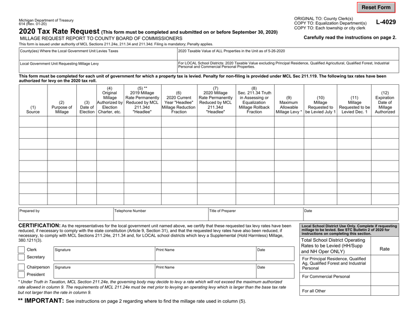 Form 614 (L-4029) Download Fillable PDF or Fill Online Tax Rate Request - 2020 Michigan ...