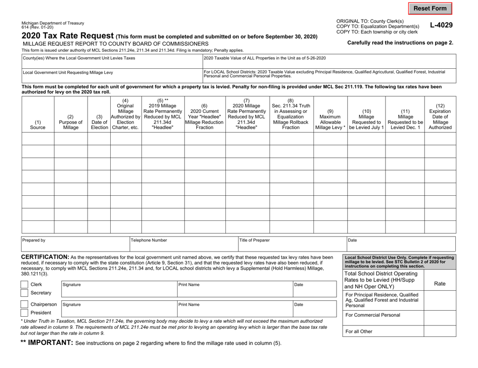 Form 614 (L-4029) Tax Rate Request - Michigan, Page 1