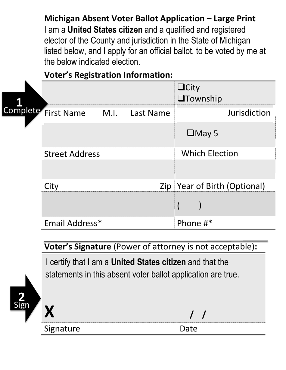 Michigan Absent Voter Ballot Application - Large Print - Michigan, Page 1