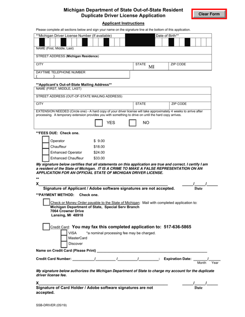 Form SSB-DRIVER Out-of-State Resident Duplicate Driver License Application - Michigan