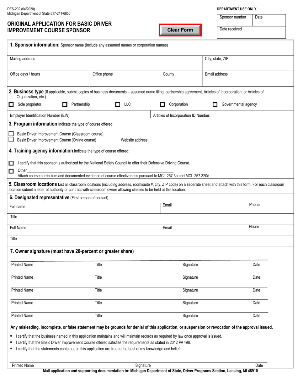 Form DES-202 Original Application for Basic Driver Improvement Course Sponsor - Michigan, Page 1
