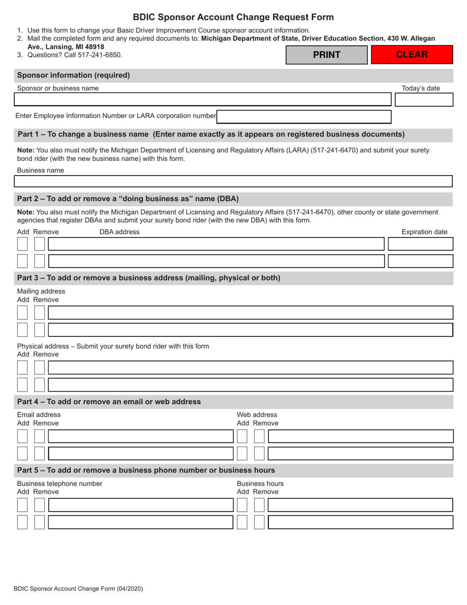 Bdic Sponsor Account Change Request Form - Michigan, Page 1
