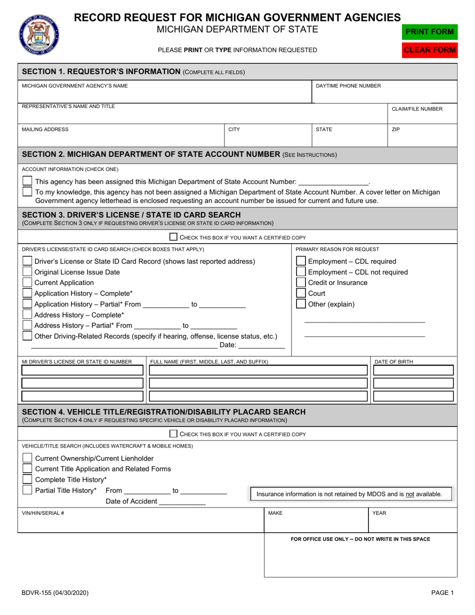 Form BDVR-155 Record Request for Michigan Governmental Agencies - Michigan, Page 1