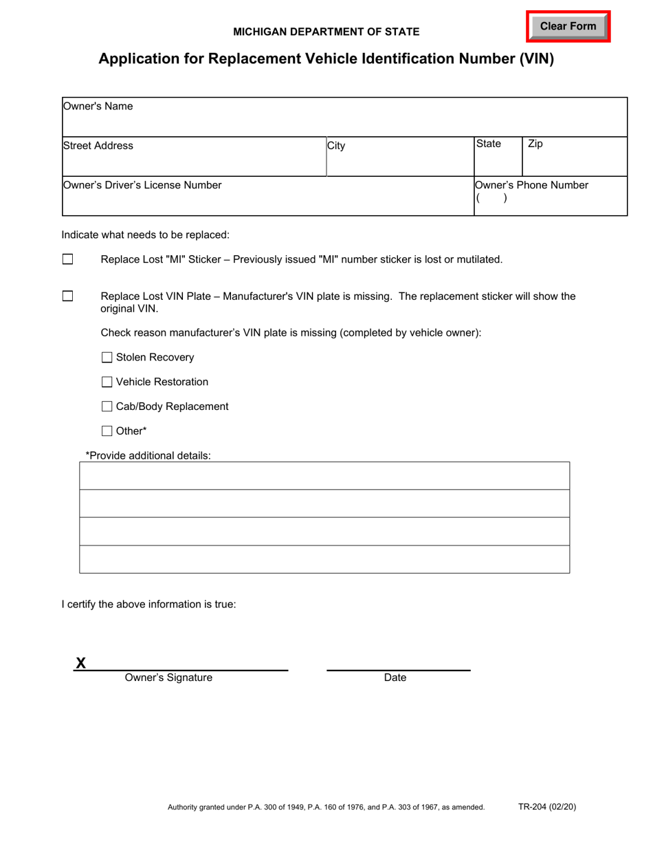 Form TR-204 Application for Replacement Vehicle Identification Number (Vin) - Michigan, Page 1