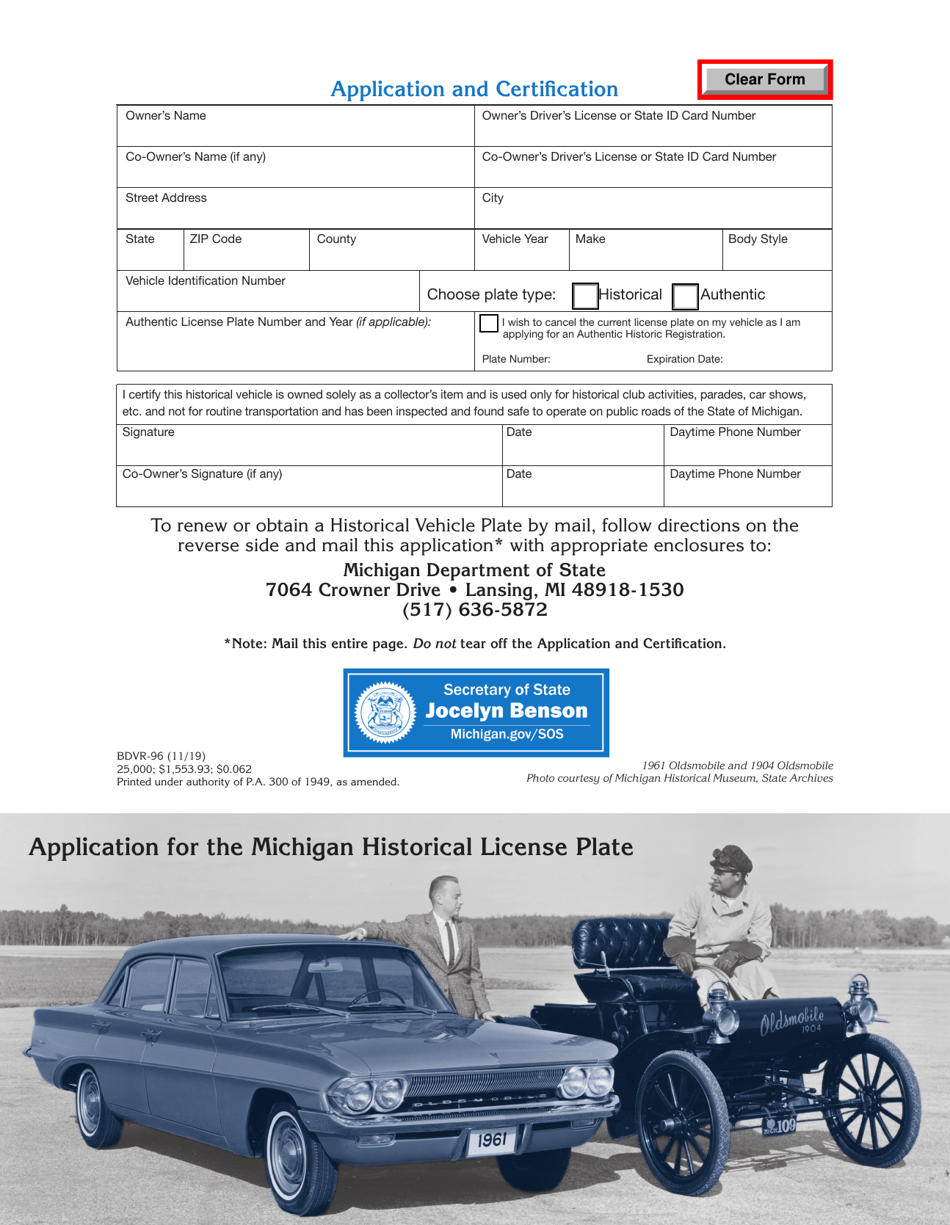 Form BDVR-96 Application for the Michigan Historical License Plate - Michigan, Page 1