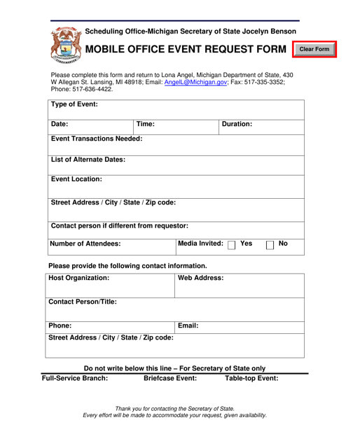 Mobile Office Event Request Form - Michigan Download Pdf