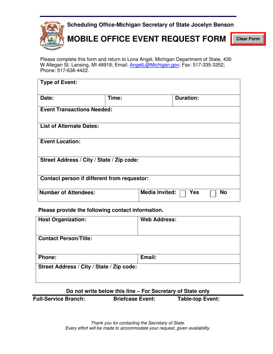 Mobile Office Event Request Form - Michigan, Page 1