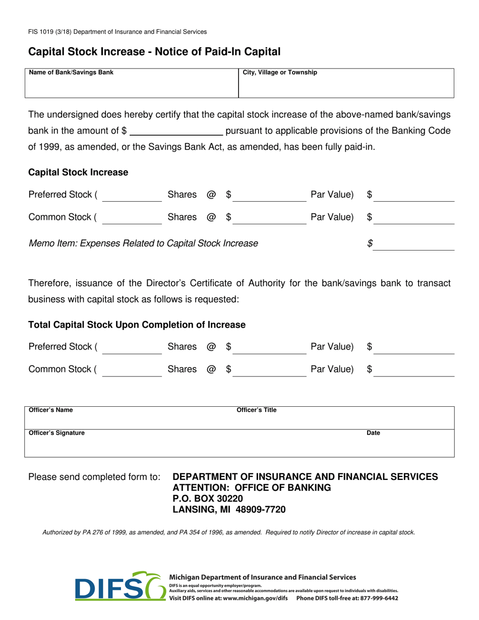 Form FIS1019 Capital Stock Increase - Notice of Paid-In Capital - Michigan, Page 1