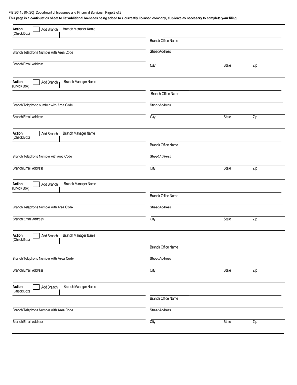 Form FIS2041A Additional Branch Office Listing for Deferred Presentment Service Providers - Michigan, Page 2