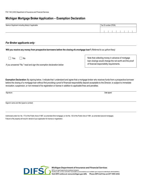 Form FIS1140 Michigan Mortgage Broker Application - Exemption Declaration - Michigan
