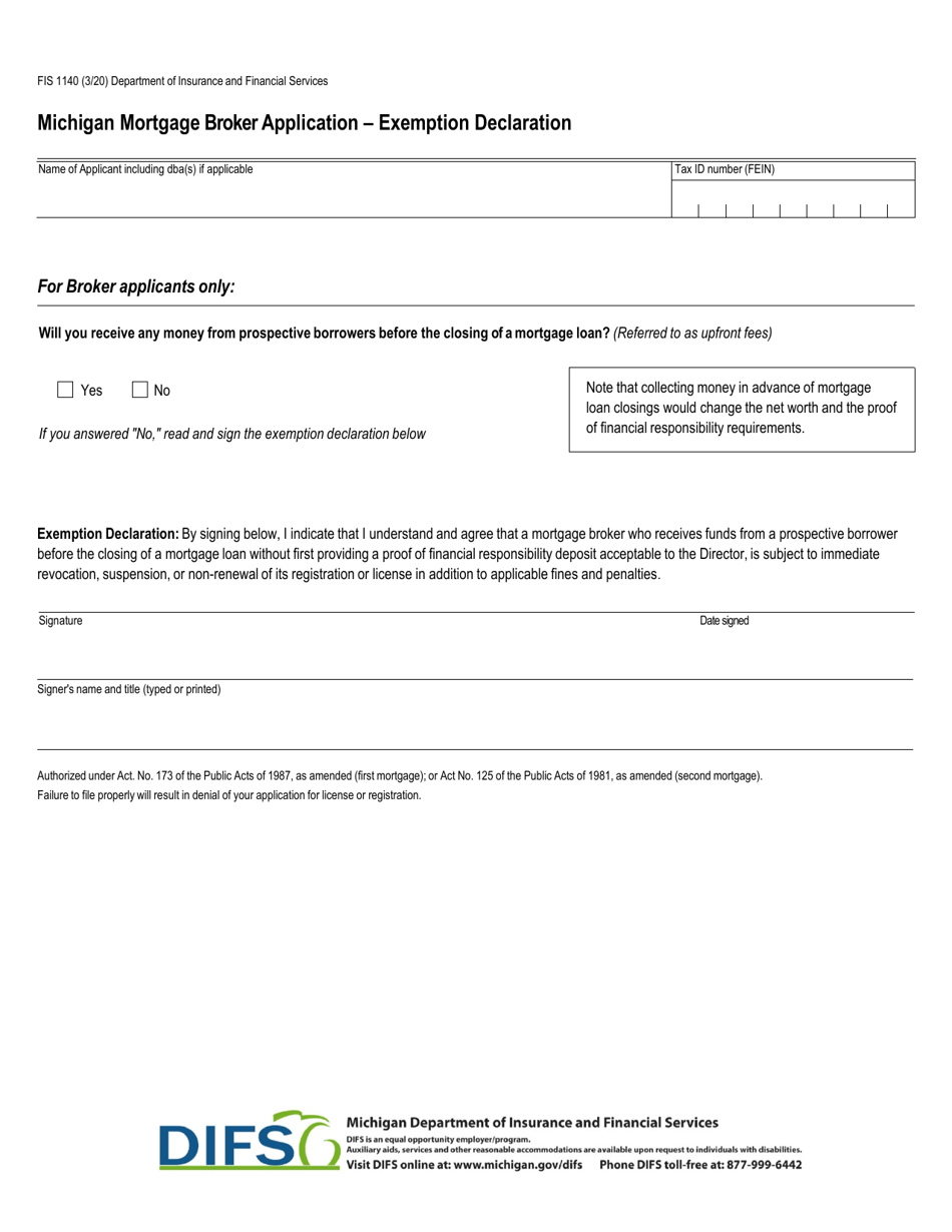 Form FIS1140 Michigan Mortgage Broker Application - Exemption Declaration - Michigan, Page 1