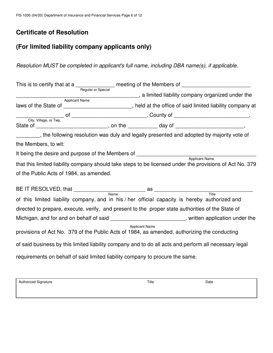 Form FIS1030 Credit Card License Application - Michigan, Page 10