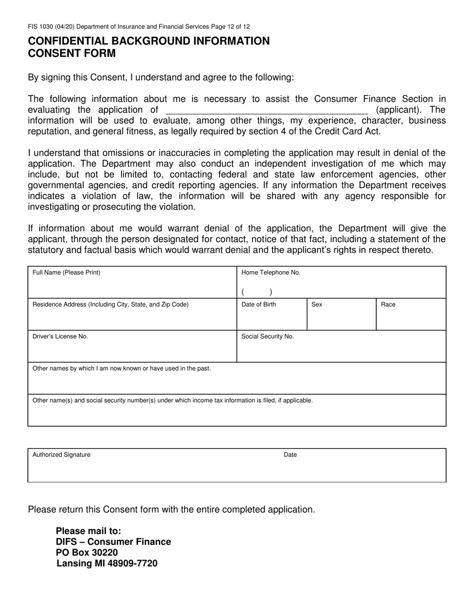 Form FIS1030 Credit Card License Application - Michigan, Page 16