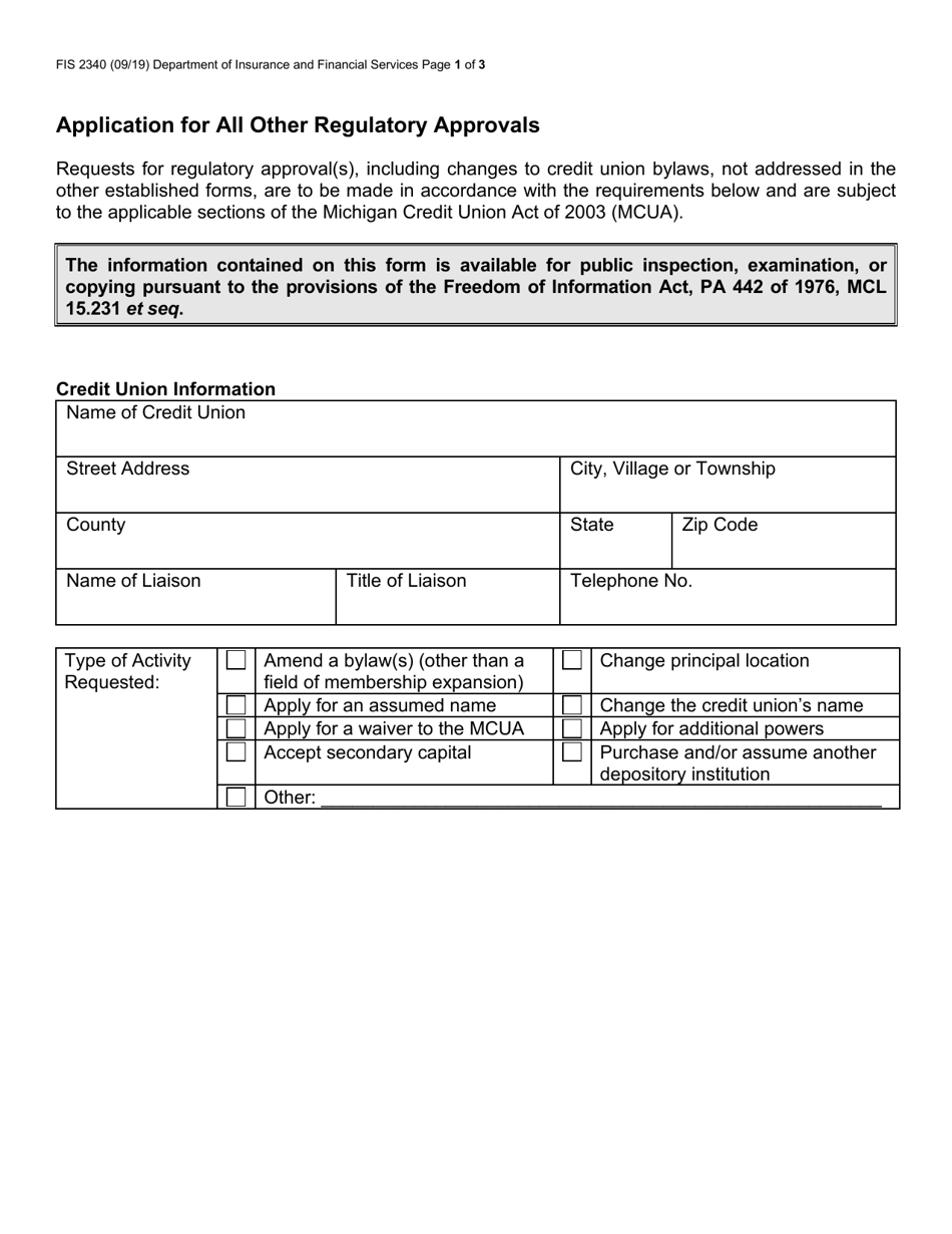 Form FIS2340 Application for All Other Regulatory Approvals - Michigan, Page 1