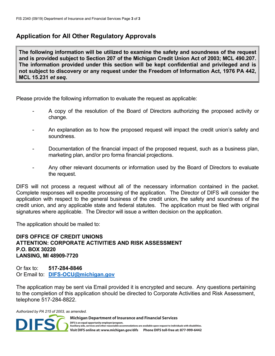 Form FIS2340 Application for All Other Regulatory Approvals - Michigan, Page 3