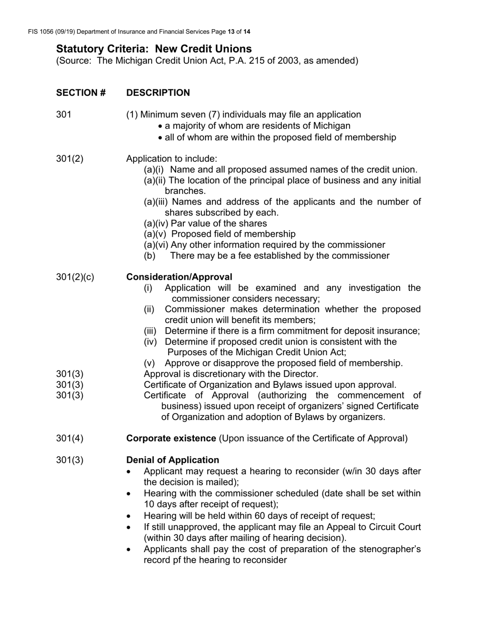 Form FIS1056 Application for Permission to Organize a State-Chartered Credit Union - Michigan, Page 13