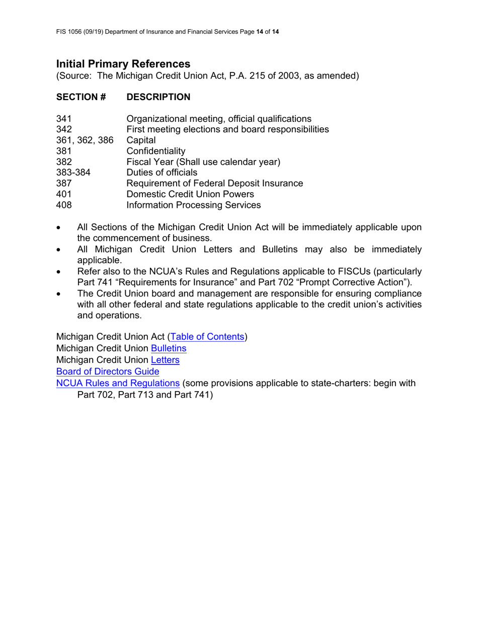 Form FIS1056 Application for Permission to Organize a State-Chartered Credit Union - Michigan, Page 14