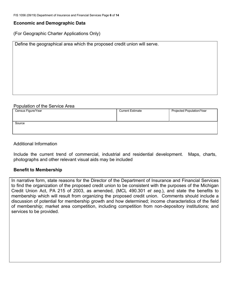 Form FIS1056 Application for Permission to Organize a State-Chartered Credit Union - Michigan, Page 6