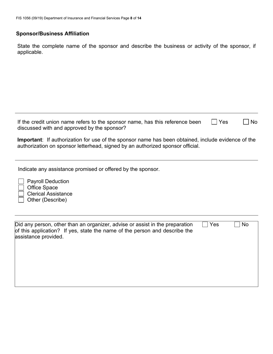 Form FIS1056 Application for Permission to Organize a State-Chartered Credit Union - Michigan, Page 8