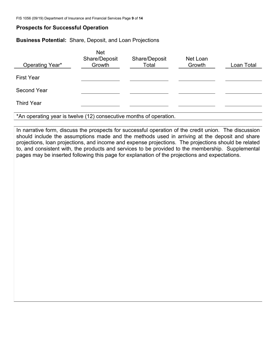 Form FIS1056 Application for Permission to Organize a State-Chartered Credit Union - Michigan, Page 9