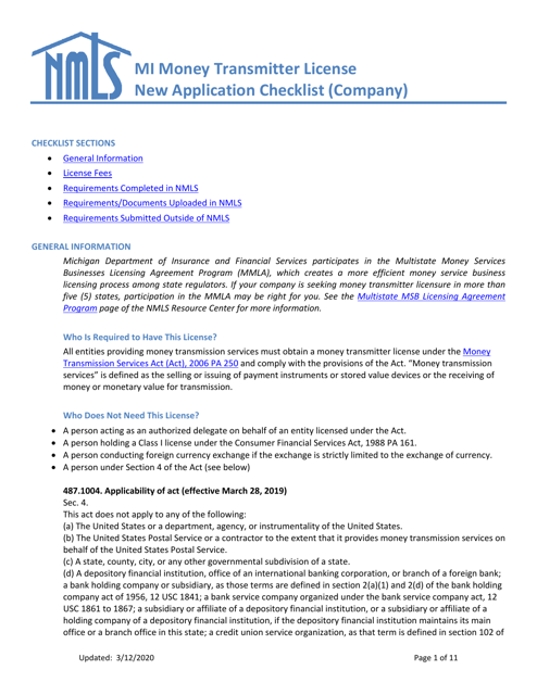 Mi Money Transmitter License New Application Checklist (Company) - Michigan Download Pdf