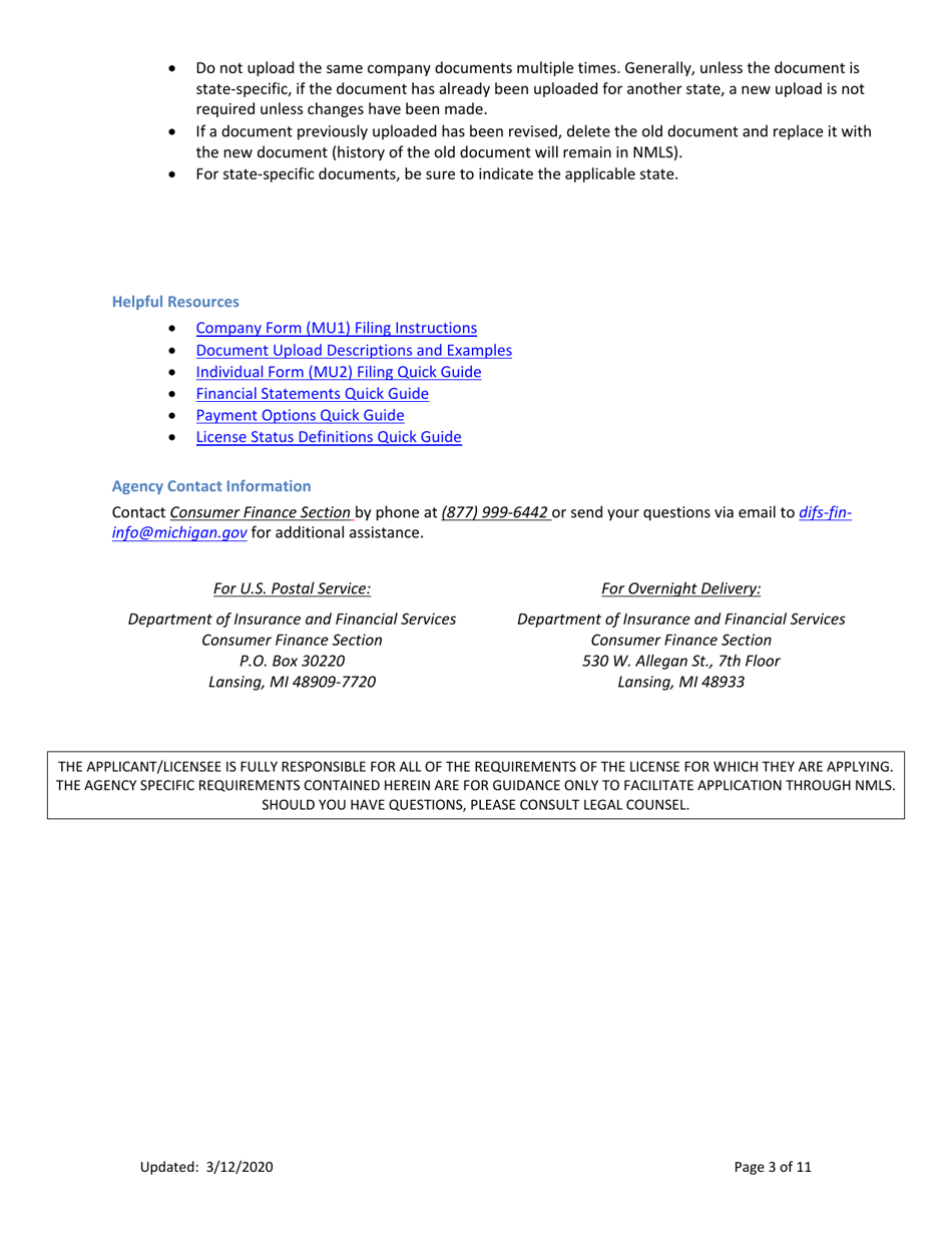 Mi Money Transmitter License New Application Checklist (Company) - Michigan, Page 3
