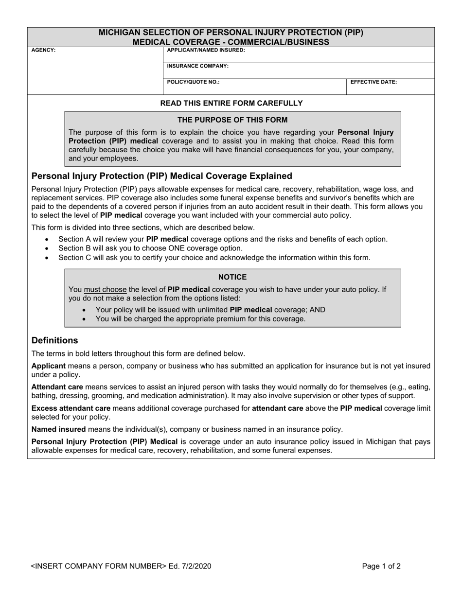 Michigan Selection of Personal Injury Protection (Pip) Medical Coverage - Commercial / Business - Michigan, Page 1